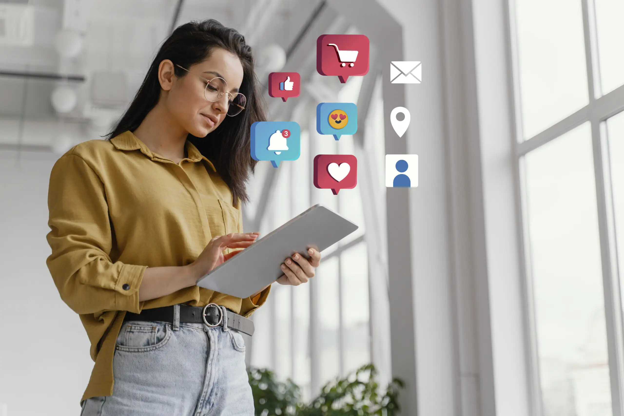 A female looking online shopping store platforms icons on a tab screen.