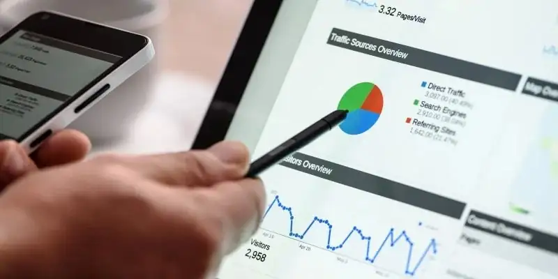 Hand pointing at digital marketing analytics dashboard showing traffic sources, pie chart, and performance metrics on a tablet screen.