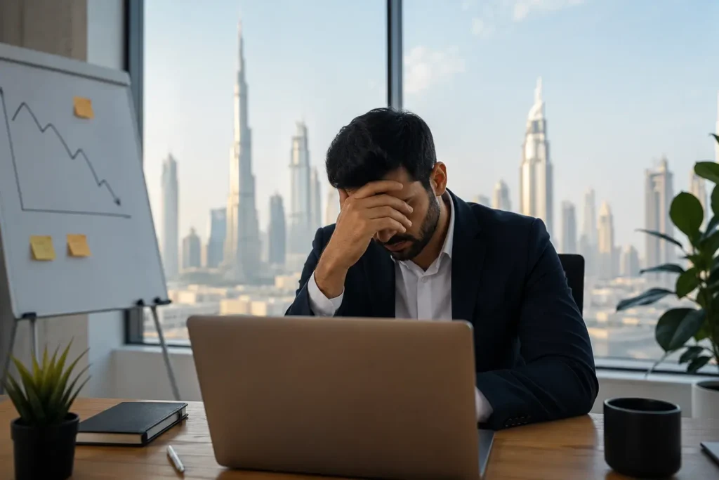 Dubai business owner reviewing poor digital marketing campaign performance in a modern office.