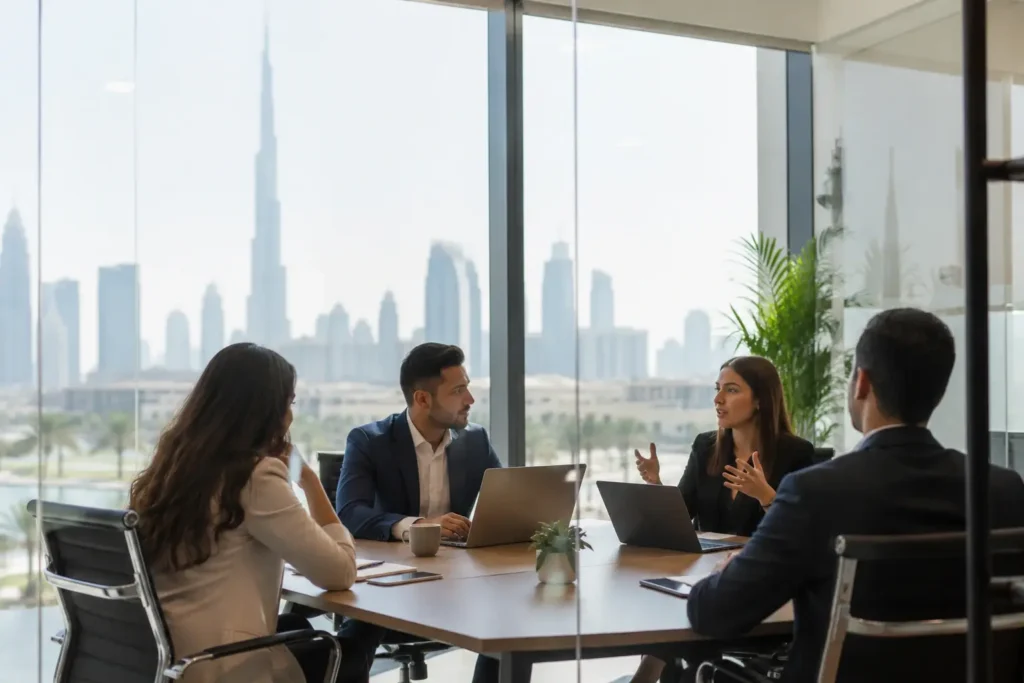 Digital marketing team meeting in a Dubai office.