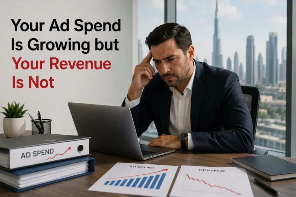 Business professional reviewing rising advertising costs and declining revenue reports in a modern Dubai office.