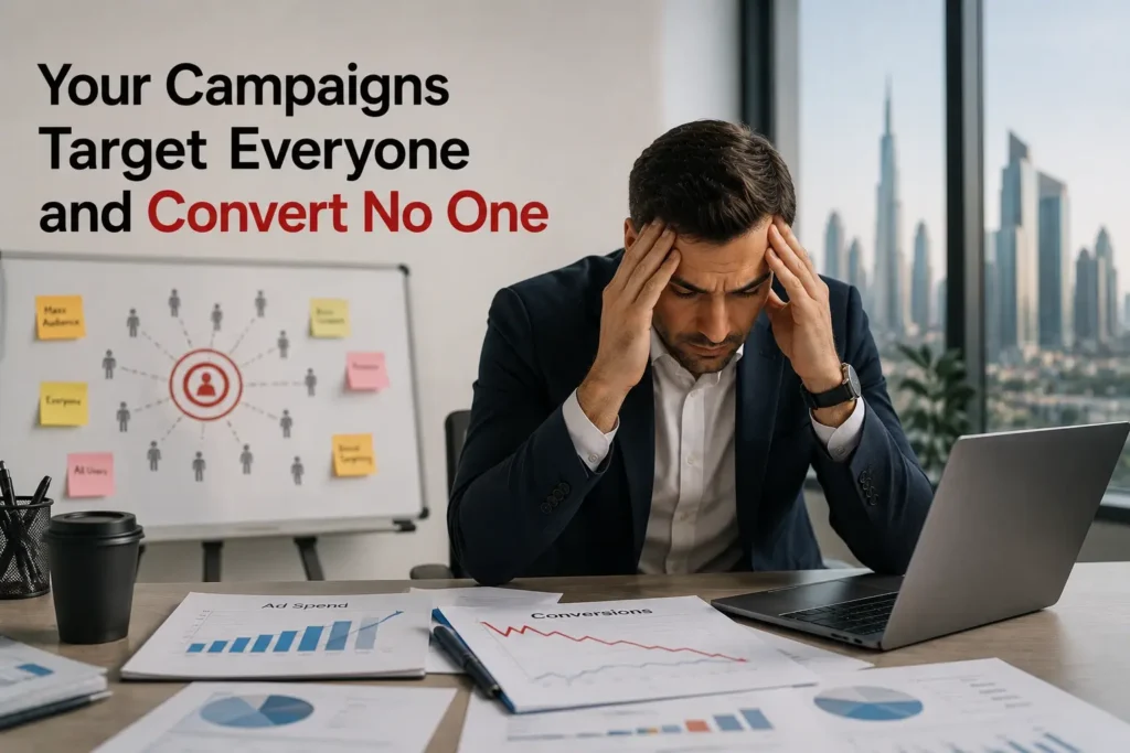 Business professional reviewing rising advertising costs and declining revenue reports in a modern Dubai office.