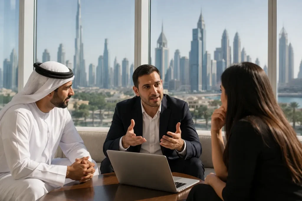 Dubai business professionals discussing performance marketing strategy in a modern office with city skyline view.