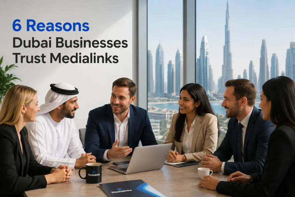 Business professionals in a Dubai office meeting, discussing marketing strategies with the city skyline in the background.