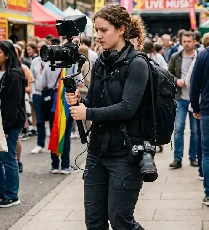 Professional videographer capturing live event footage in a crowded exhibition setting – Event Staffing Gulfood UAE providing media coverage and production support
