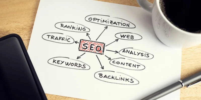 Person reviewing SEO checklist with keywords, content strategy, ranking, and links on a notepad next to a laptop on a wooden desk.