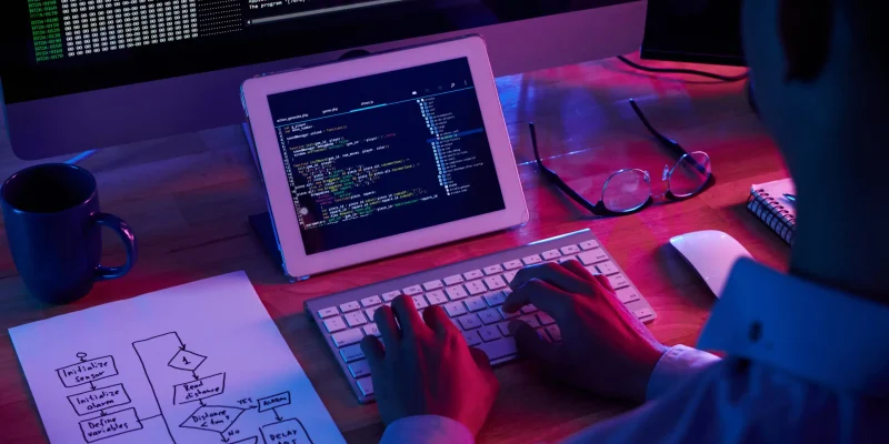 Programmer working at IT company office late at night