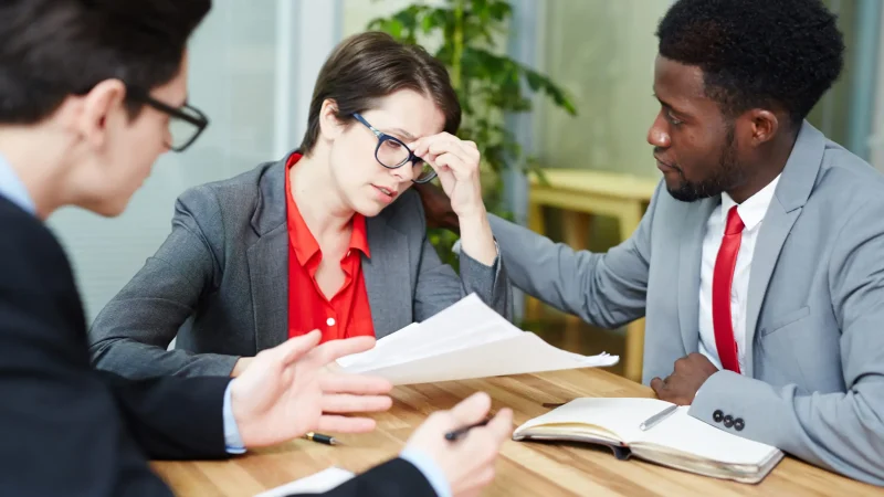 Businesswoman unable to concentrate whle reading financial papers at meeting with colleagues